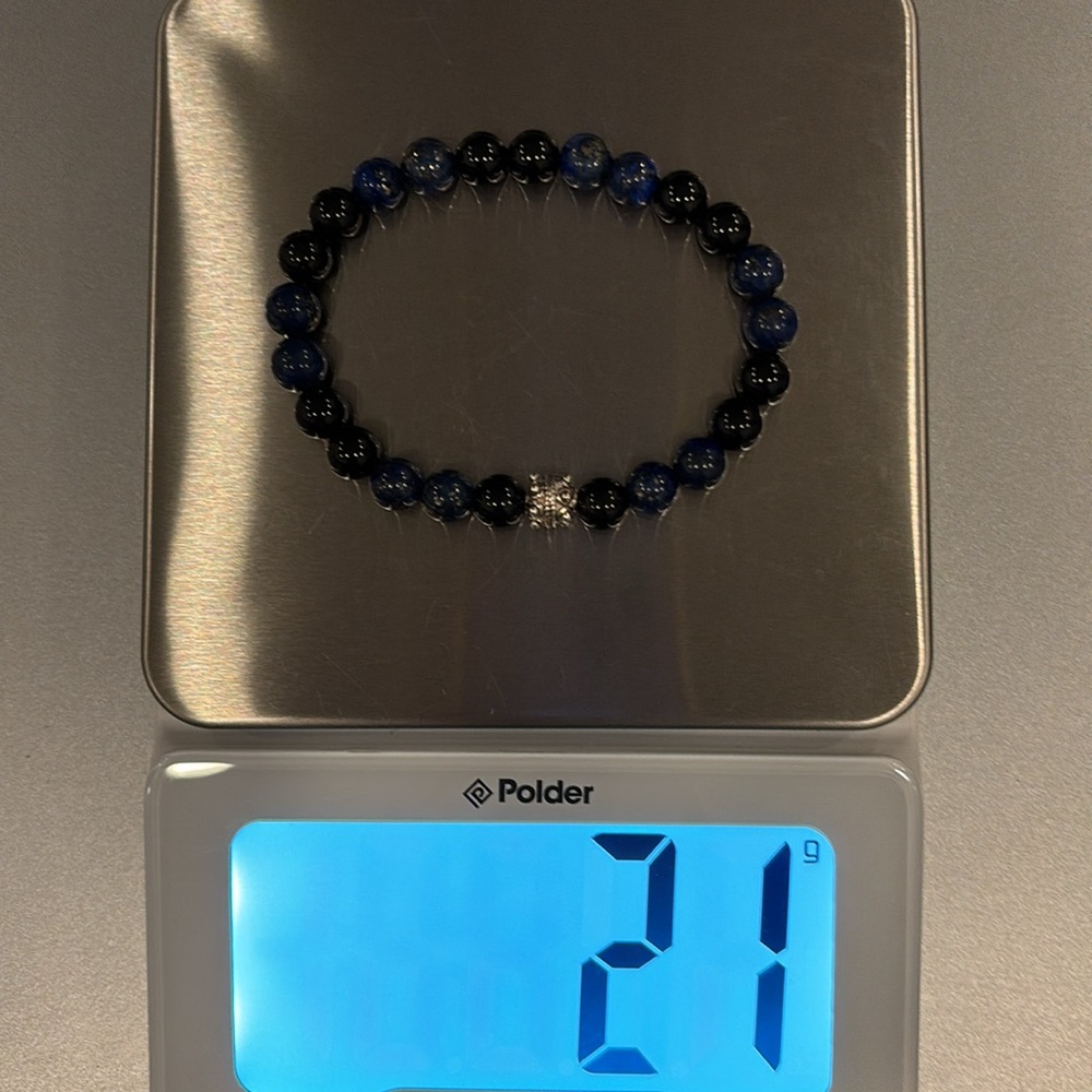 Unisex Sterling Silver & Blue/Black Beaded Slip-on Stretch Bracelet